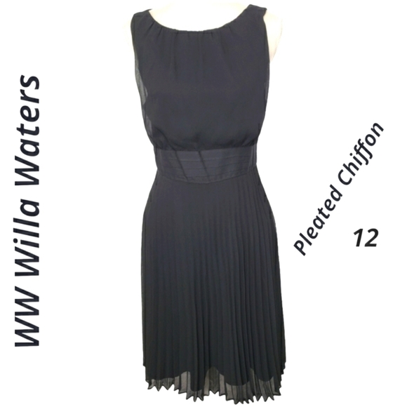 Ww Willa Waters Black Chiffon Pleasted Dress Cocktail Wedding Guest 12 VGUC - Picture 1 of 16